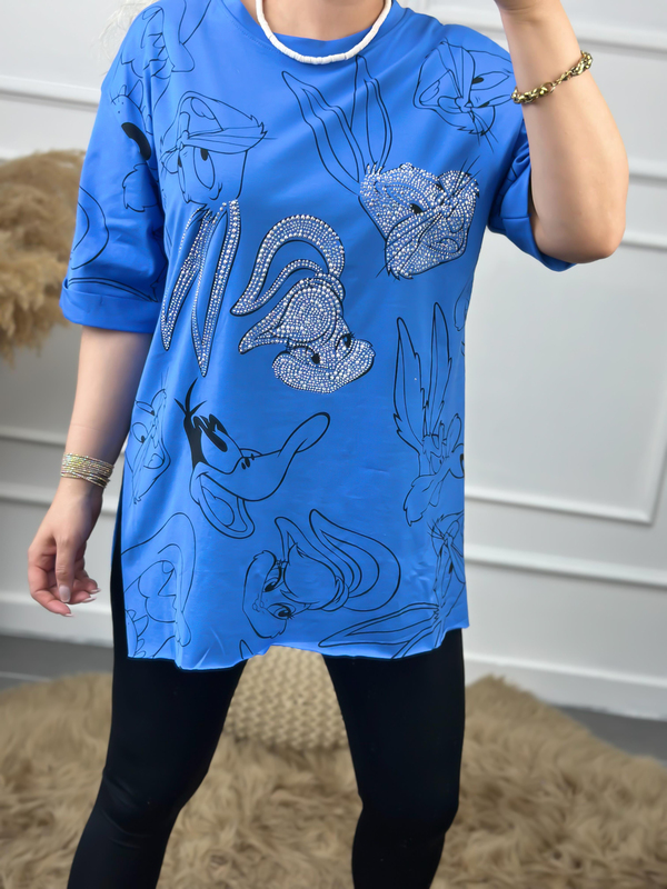Tavşan Baskılı Taşlı Tshirt MAVİ-23YUST000060