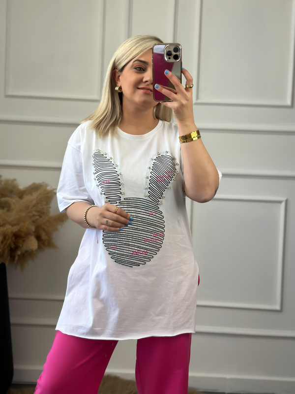 Tavşan Figürlü Taş İşleme Yanları Yırtmaçlı Tshirt BEYAZ-23YUST000015
