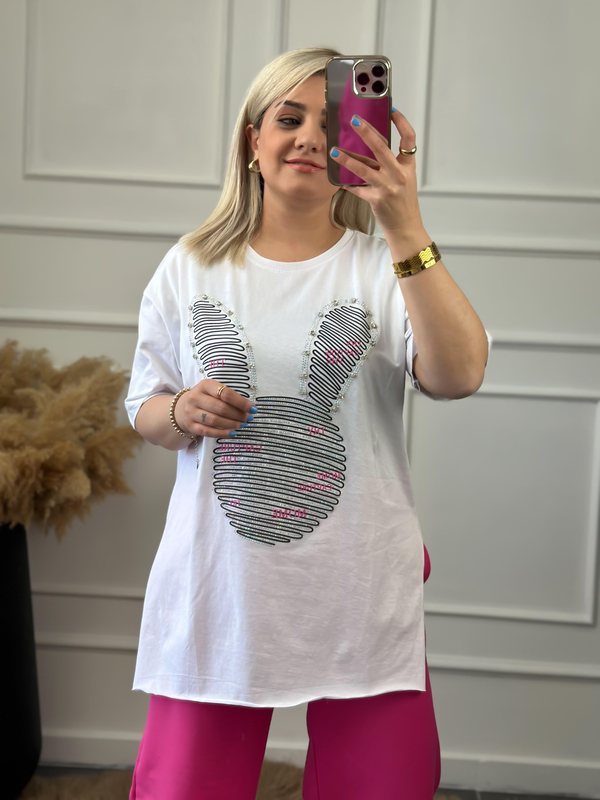 Tavşan Figürlü Taş İşleme Yanları Yırtmaçlı Tshirt BEYAZ-23YUST000015