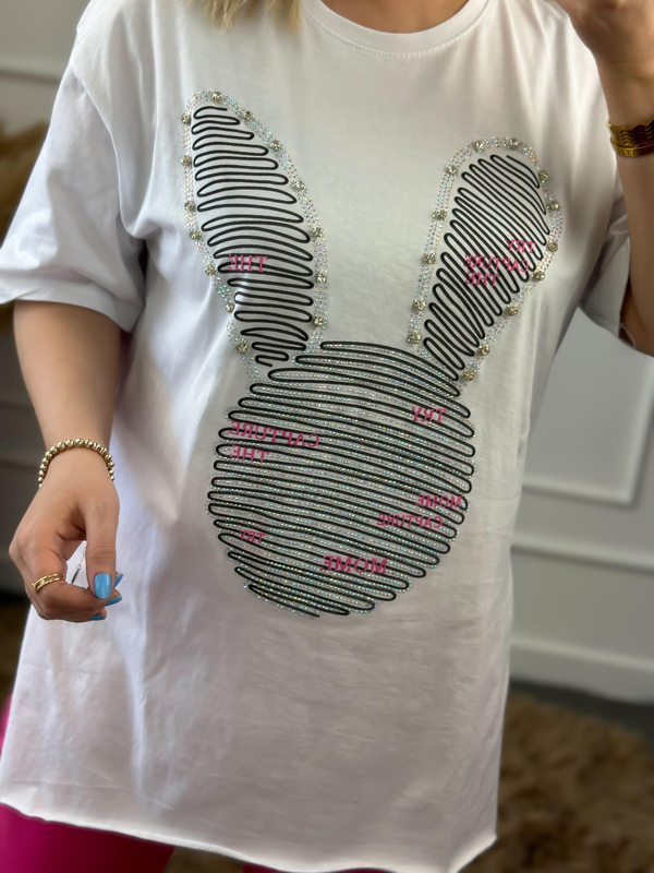 Tavşan Figürlü Taş İşleme Yanları Yırtmaçlı Tshirt BEYAZ-23YUST000015