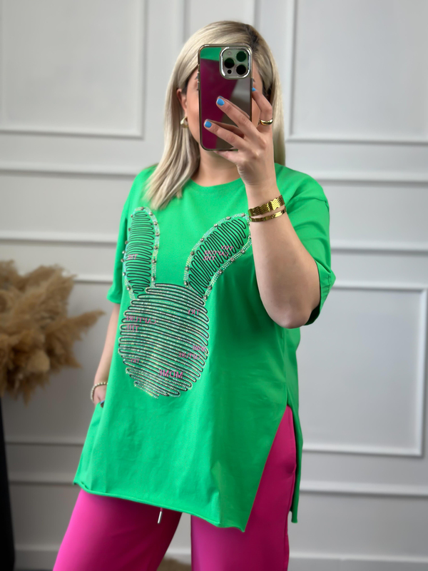Tavşan Figürlü Taş İşleme Yanları Yırtmaçlı Tshirt YEŞİL-23YUST000015