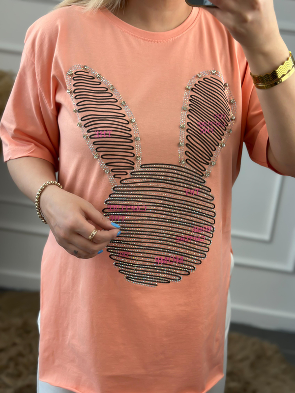 Tavşan Figürlü Taş İşleme Yanları Yırtmaçlı Tshirt SOMON-23YUST000015