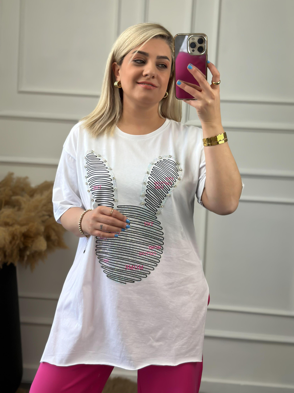 Tavşan Figürlü Taş İşleme Yanları Yırtmaçlı Tshirt BEYAZ-23YUST000015