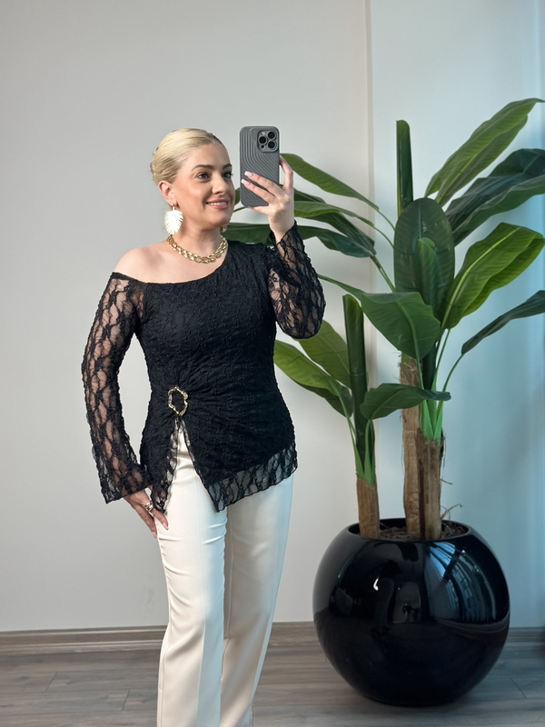 Tek Omuz Dantel Bluz SİYAH-23SUST000003
