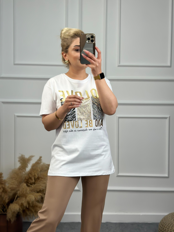 To Love Baskılı Taşlı Tshirt BEYAZ-23YUST000071