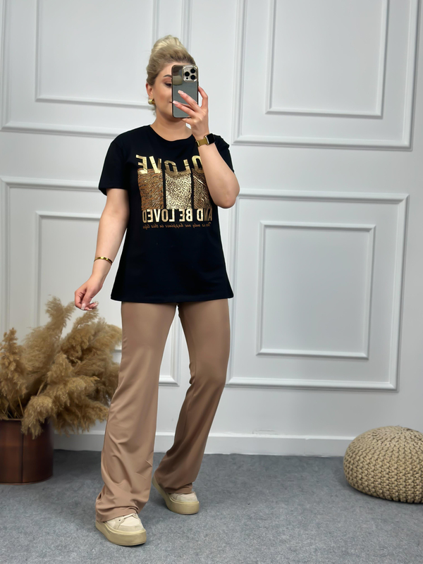 To Love Baskılı Taşlı Tshirt SİYAH-23YUST000071