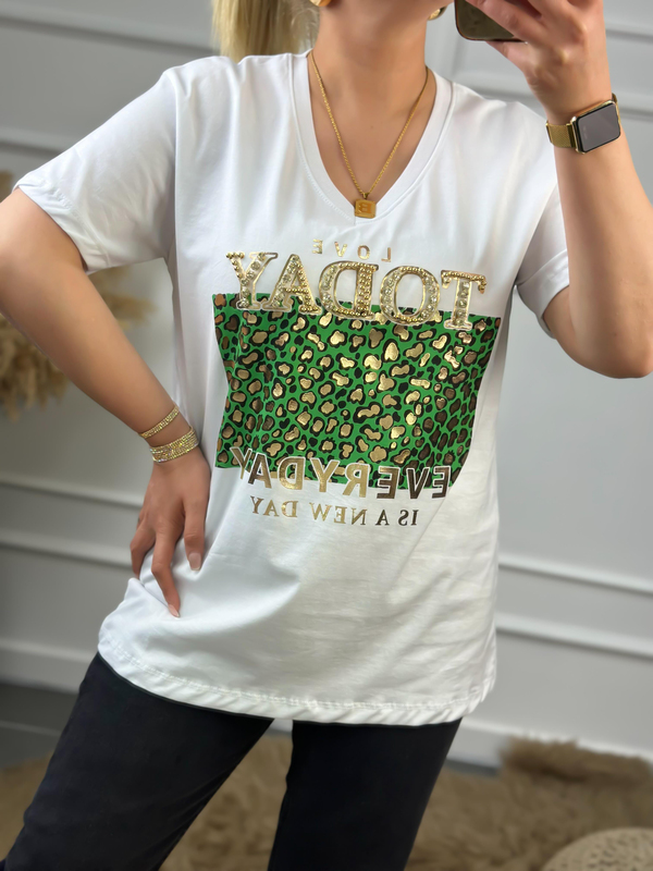 Today V Yaka Taşlı Tshirt BEYAZ-23YUST000051