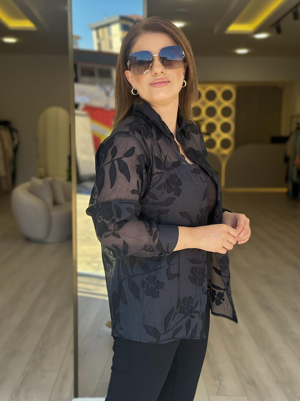 Transparan  Gül Detaylı Keten Gömlek SİYAH-23YUST000268