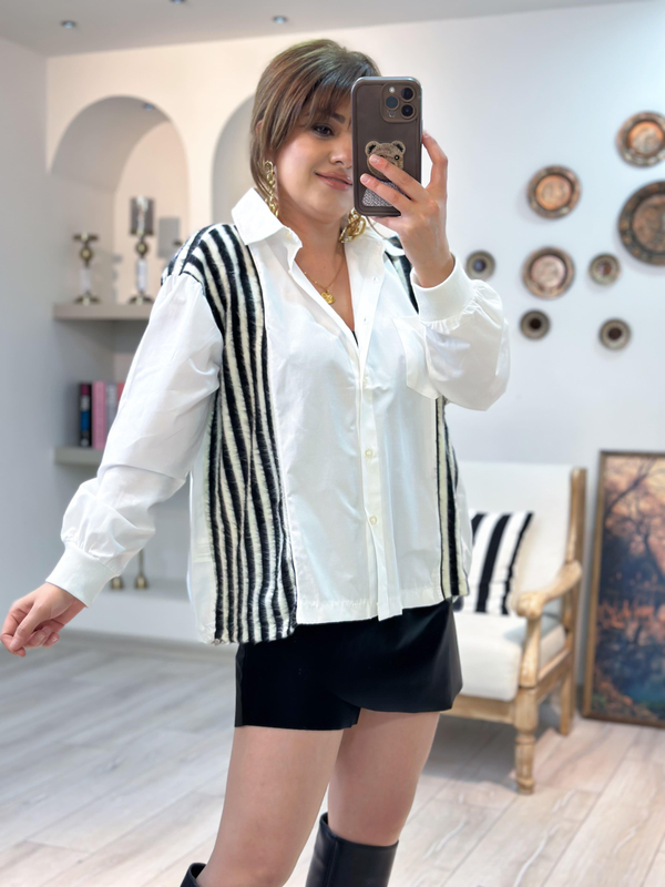 Triko Garnili %100 Pamuk Poplin Gömlek SİYAH BEYAZ-23MeUST00119