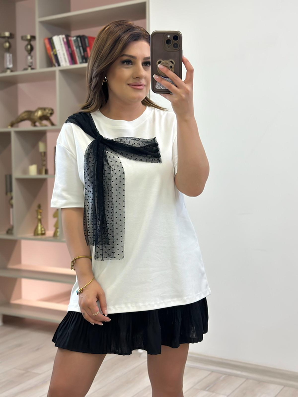Tül Fiyonk Detaylı Tshirt BEYAZ-23YUST000214