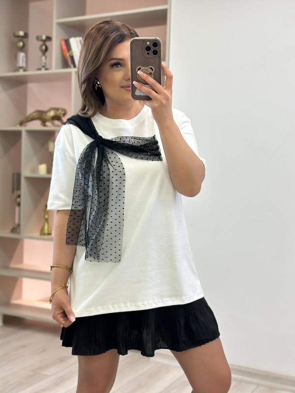Tül Fiyonk Detaylı Tshirt BEYAZ-23YUST000214