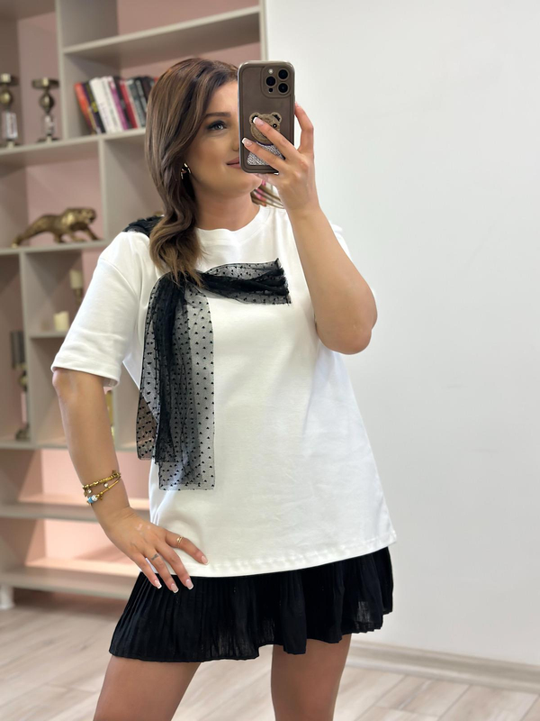Tül Fiyonk Detaylı Tshirt BEYAZ-23YUST000214