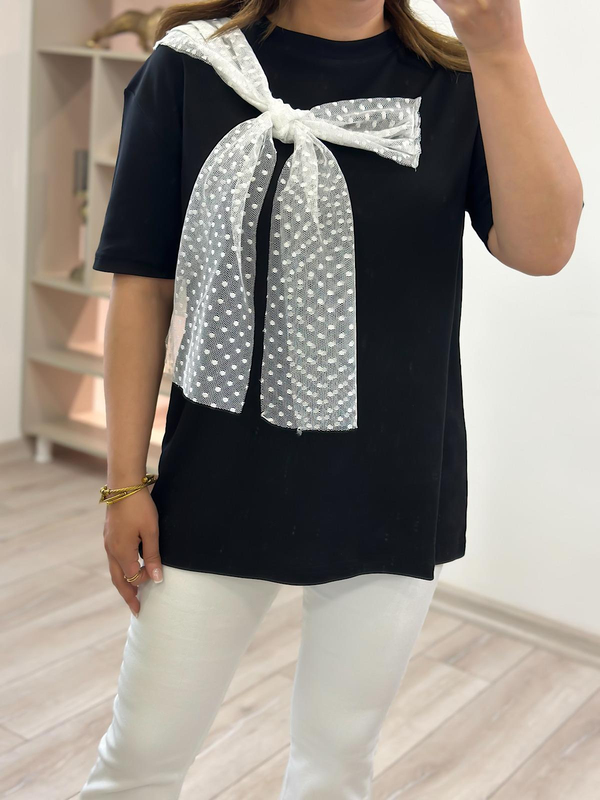 Tül Fiyonk Detaylı Tshirt SİYAH-23YUST000214