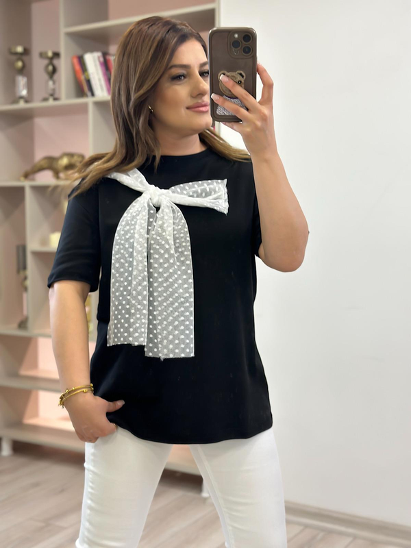 Tül Fiyonk Detaylı Tshirt SİYAH-23YUST000214