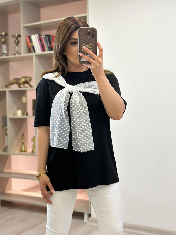 Tül Fiyonk Detaylı Tshirt SİYAH-23YUST000214