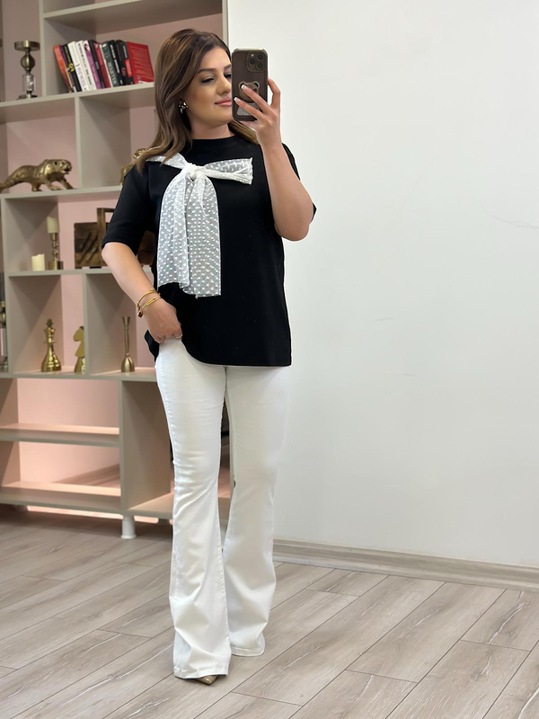 Tül Fiyonk Detaylı Tshirt SİYAH-23YUST000214