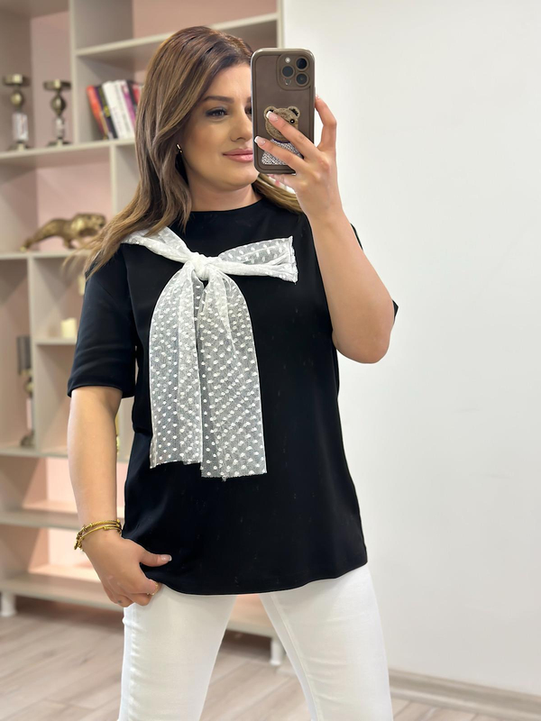 Tül Fiyonk Detaylı Tshirt SİYAH-23YUST000214