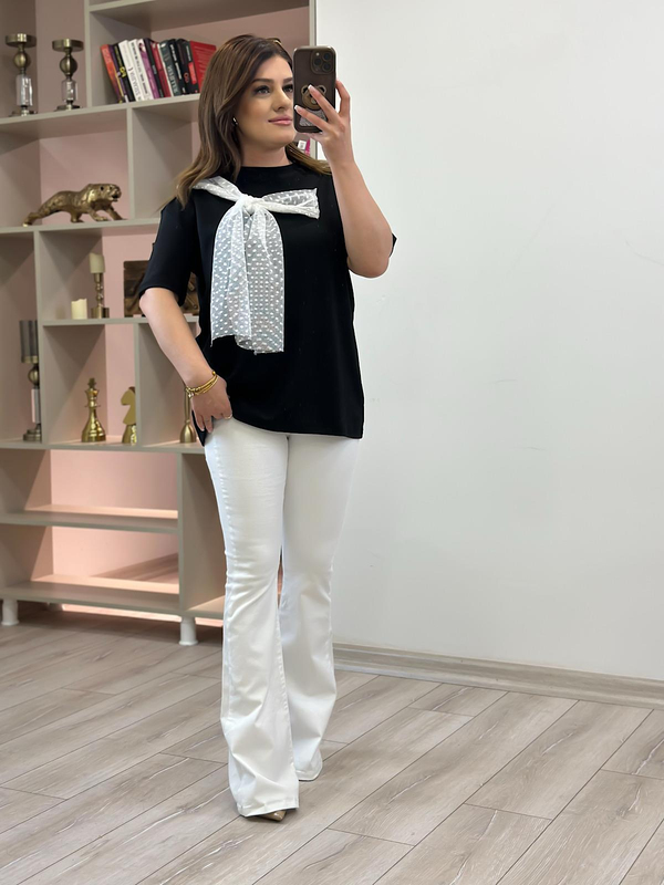 Tül Fiyonk Detaylı Tshirt SİYAH-23YUST000214