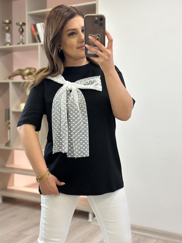 Tül Fiyonk Detaylı Tshirt SİYAH-23YUST000214