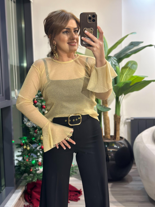 Tül Sim Detaylı İspanyol Kol Bluz GOLD-23MeUST00124