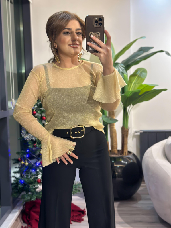 Tül Sim Detaylı İspanyol Kol Bluz GOLD-23MeUST00124