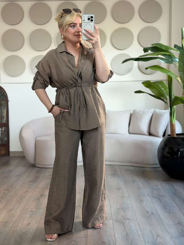 Tünelli Beli Büzgülü Gömlek Pantolon Takım HAKİ-23MeUST00155