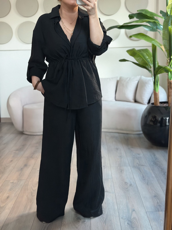 Tünelli Beli Büzgülü Gömlek Pantolon Takım SİYAH-23MeUST00155
