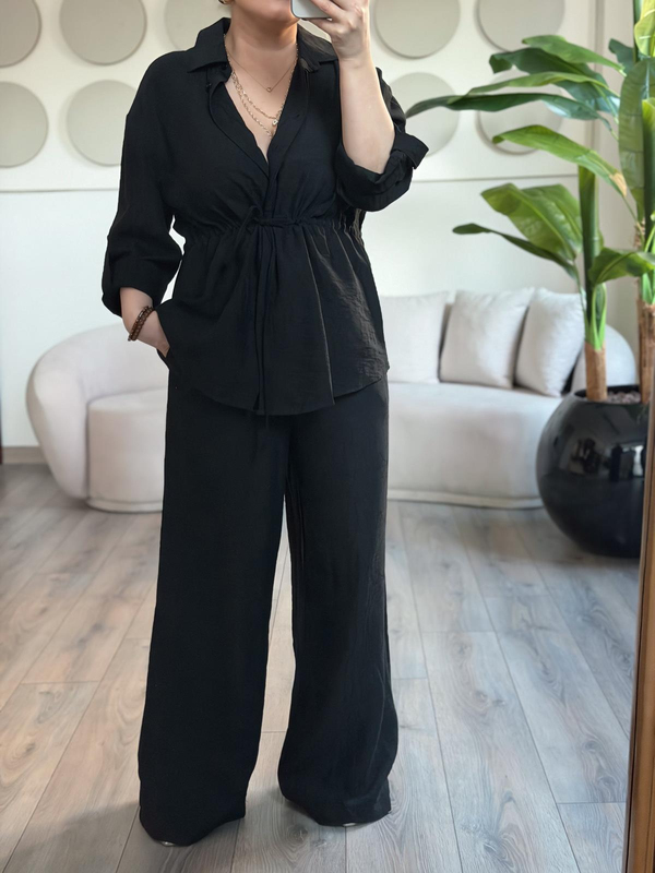 Tünelli Beli Büzgülü Gömlek Pantolon Takım SİYAH-23MeUST00155