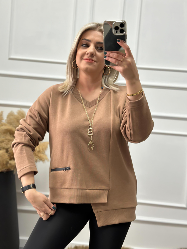 V Yaka Cepli Asimetrik Sweatshırt KAHVE-23KUST000065