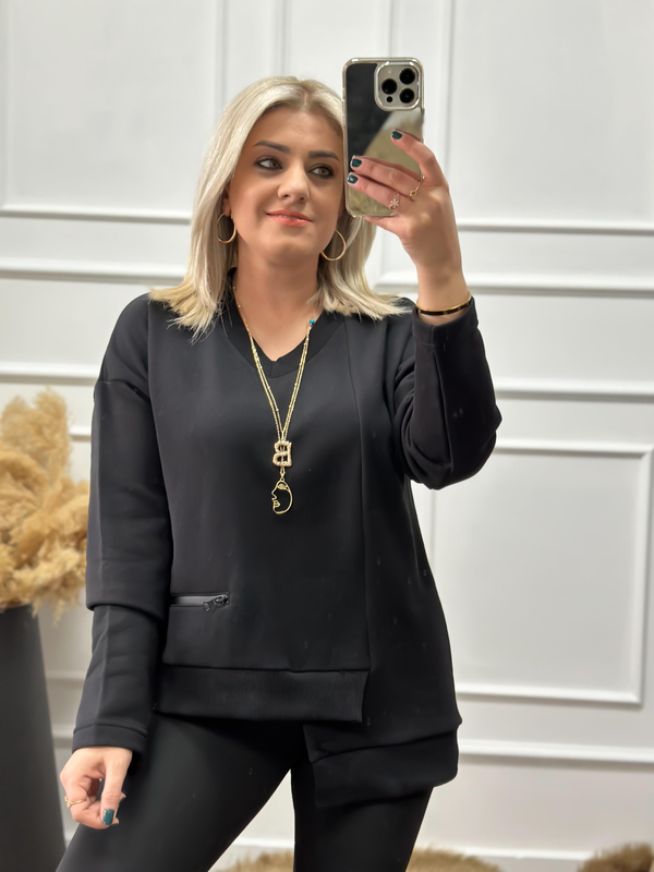 V Yaka Cepli Asimetrik Sweatshırt SİYAH-23KUST000065