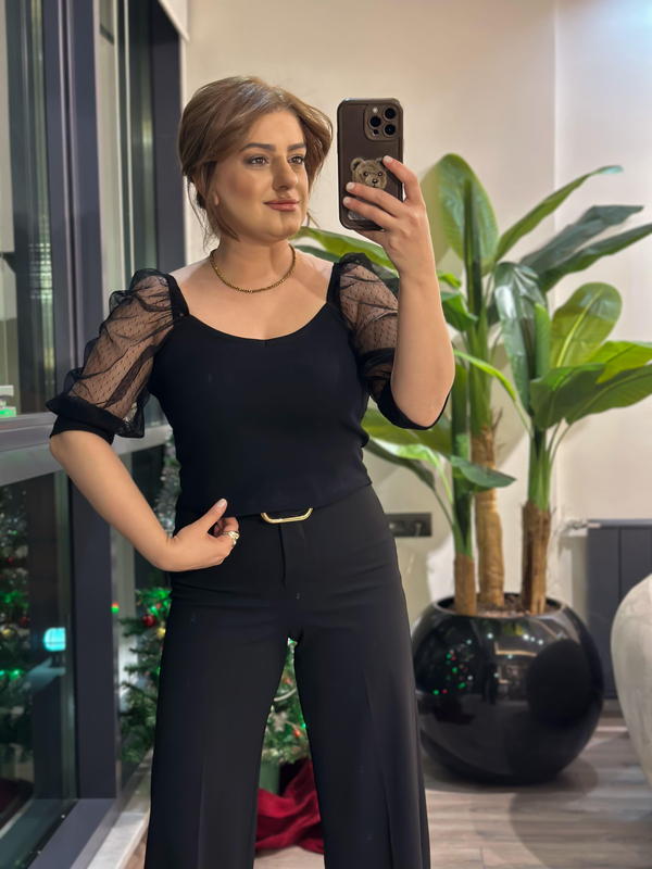V Yaka Kolları Tül Büstiyer SİYAH-23MeUST00121