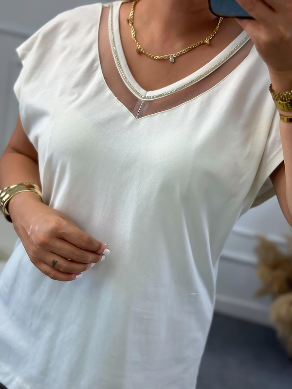 V Yaka Ön Taş Detaylı Tshirt EKRU-23YUST000132