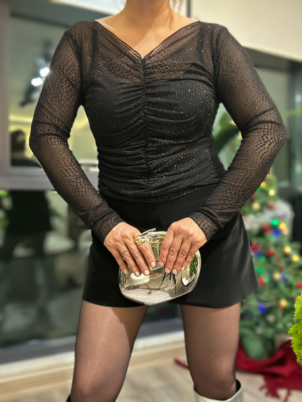 V Yaka Önden Büzgülü Taşlıi Bluz SİYAH-23MeUST00126