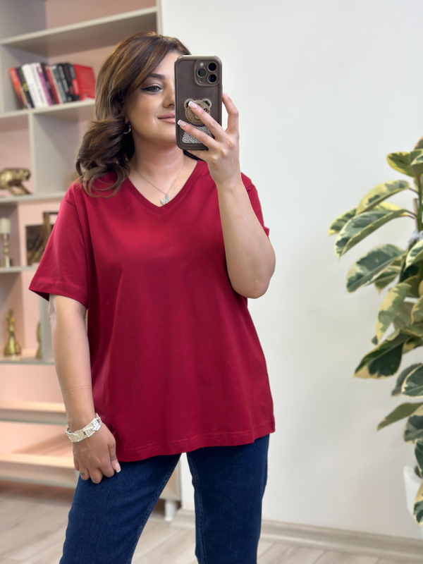 V yaka Pamuklu Tshirt BORDO-23YUST000263