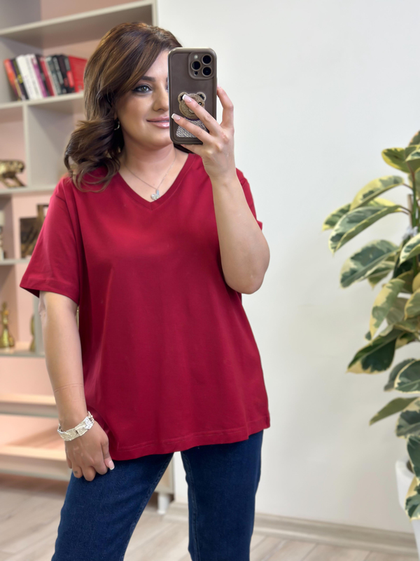 V yaka Pamuklu Tshirt BORDO-23YUST000263