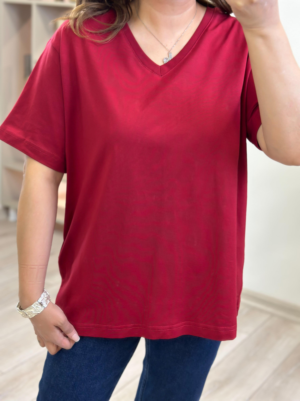 V yaka Pamuklu Tshirt BORDO-23YUST000263