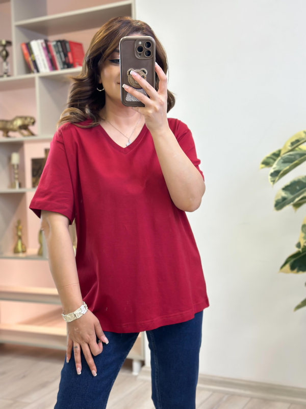 V yaka Pamuklu Tshirt BORDO-23YUST000263
