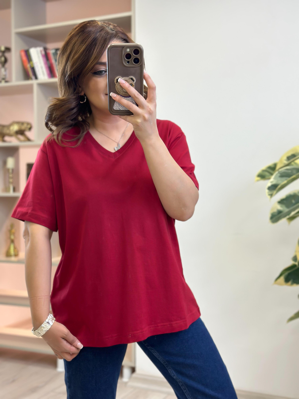 V yaka Pamuklu Tshirt BORDO-23YUST000263
