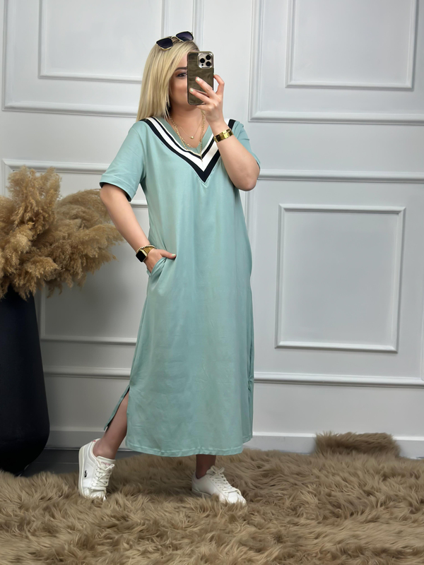 V Yaka Ribanalı Elbise Mint-23YELB000040