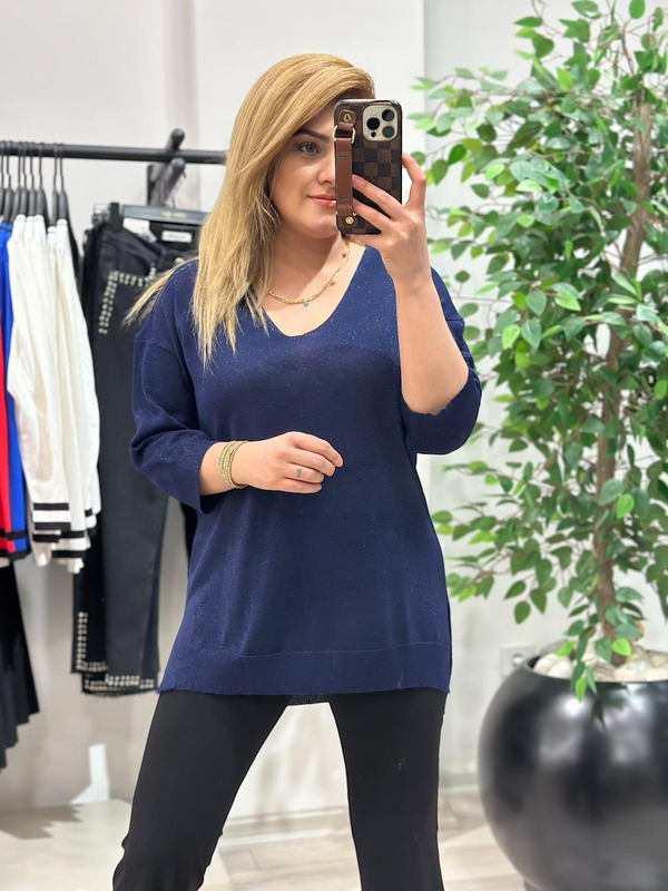 V Yaka Yarım Kol Simli Triko LACİVERT-23KUST000063