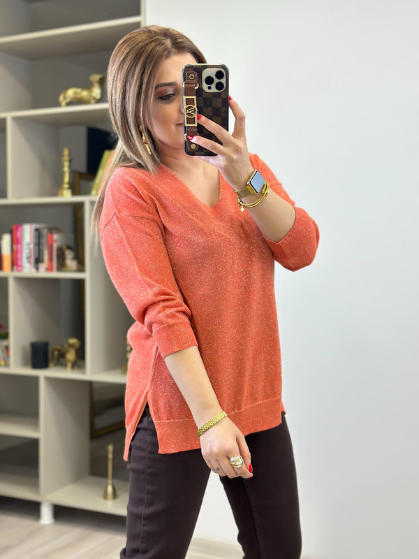 V Yaka Yarım Kol Simli Triko ORANJ-23KUST000063