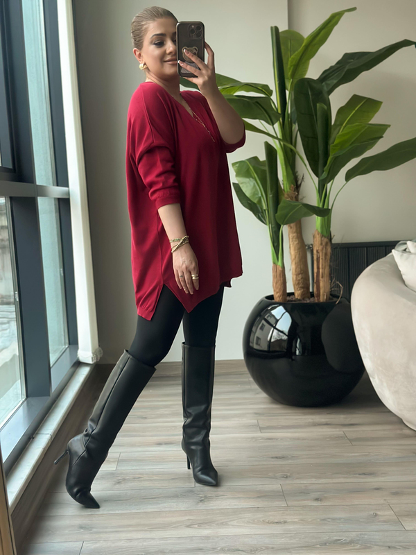 V Yaka Yarım Kol Triko BORDO-23MeUST00130