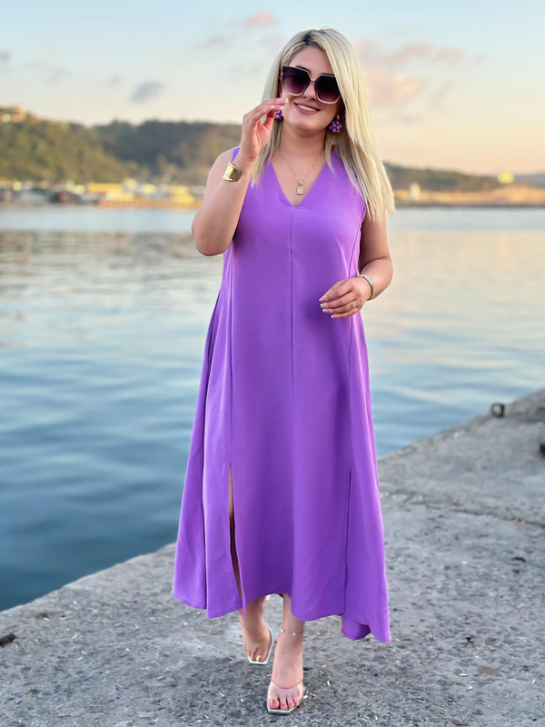 V Yaka Yırtmaçlı Keten Elbise LİLA-23YELB000101
