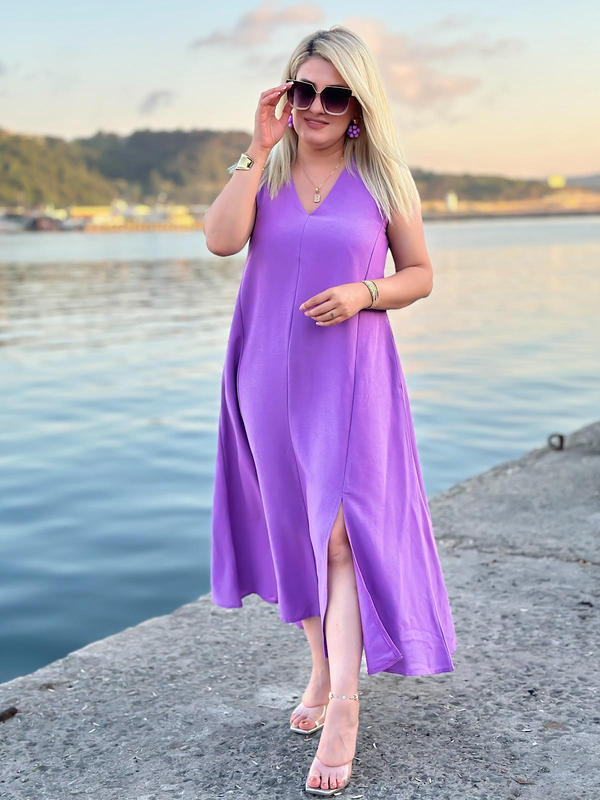 V Yaka Yırtmaçlı Keten Elbise LİLA-23YELB000101