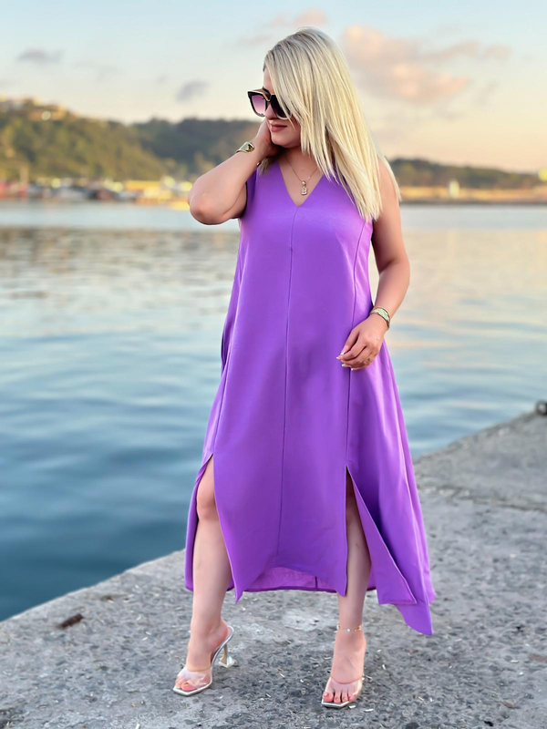 V Yaka Yırtmaçlı Keten Elbise LİLA-23YELB000101