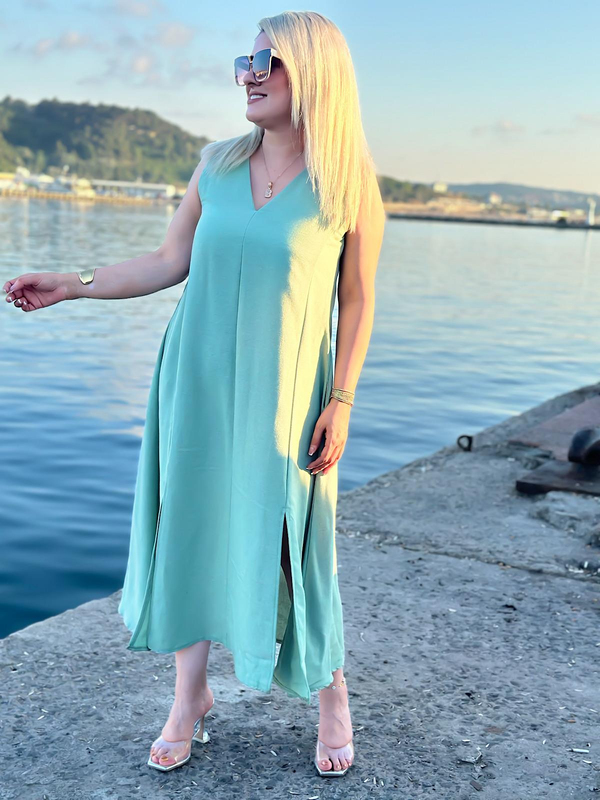 V Yaka Yırtmaçlı Keten Elbise Mint-23YELB000101