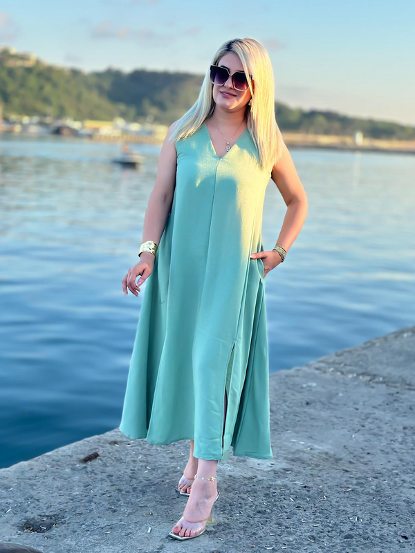 V Yaka Yırtmaçlı Keten Elbise Mint-23YELB000101