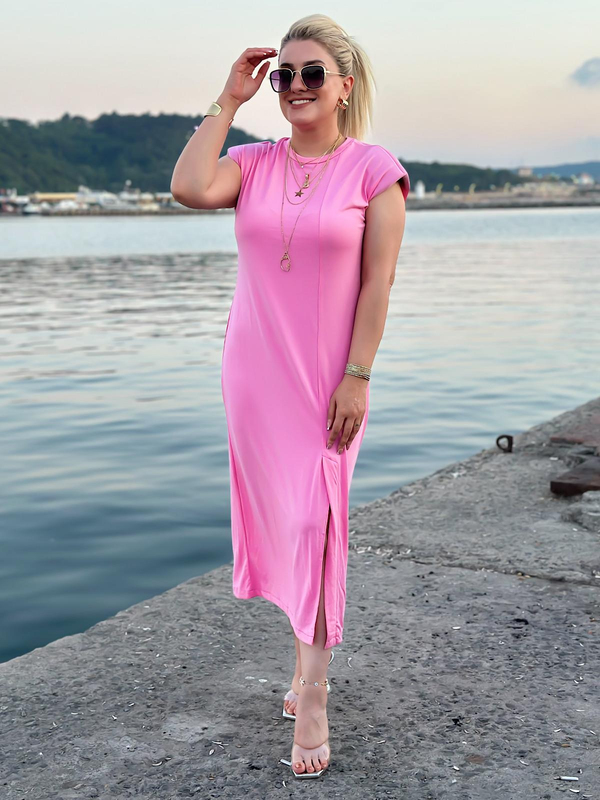 Vatkalı Düşük Omuz Önü Yırtmaçlı Modal Kumaş Elbise PEMBE-23YELB000100