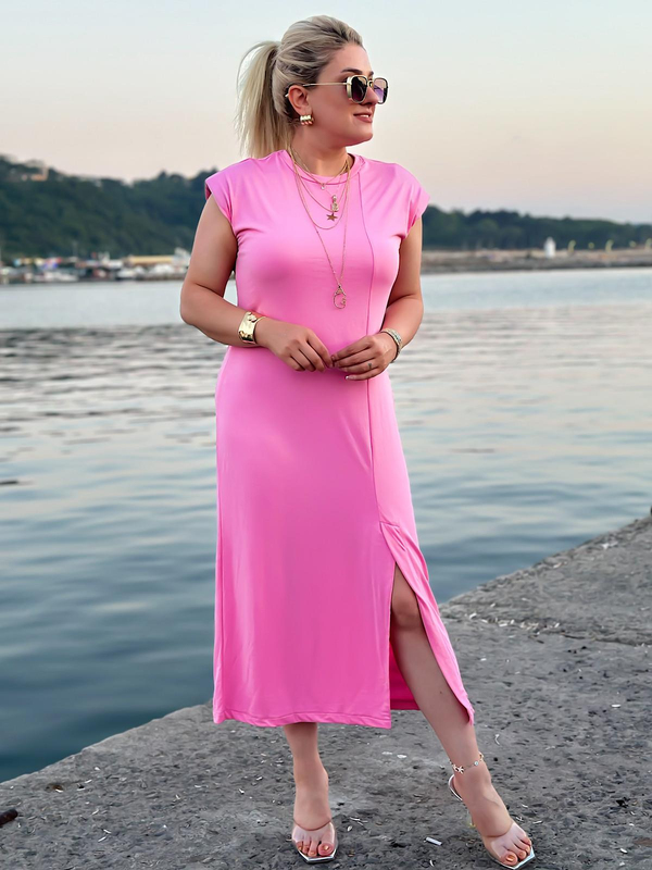 Vatkalı Düşük Omuz Önü Yırtmaçlı Modal Kumaş Elbise PEMBE-23YELB000100