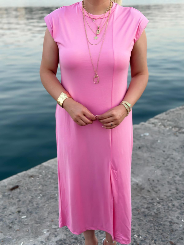 Vatkalı Düşük Omuz Önü Yırtmaçlı Modal Kumaş Elbise PEMBE-23YELB000100